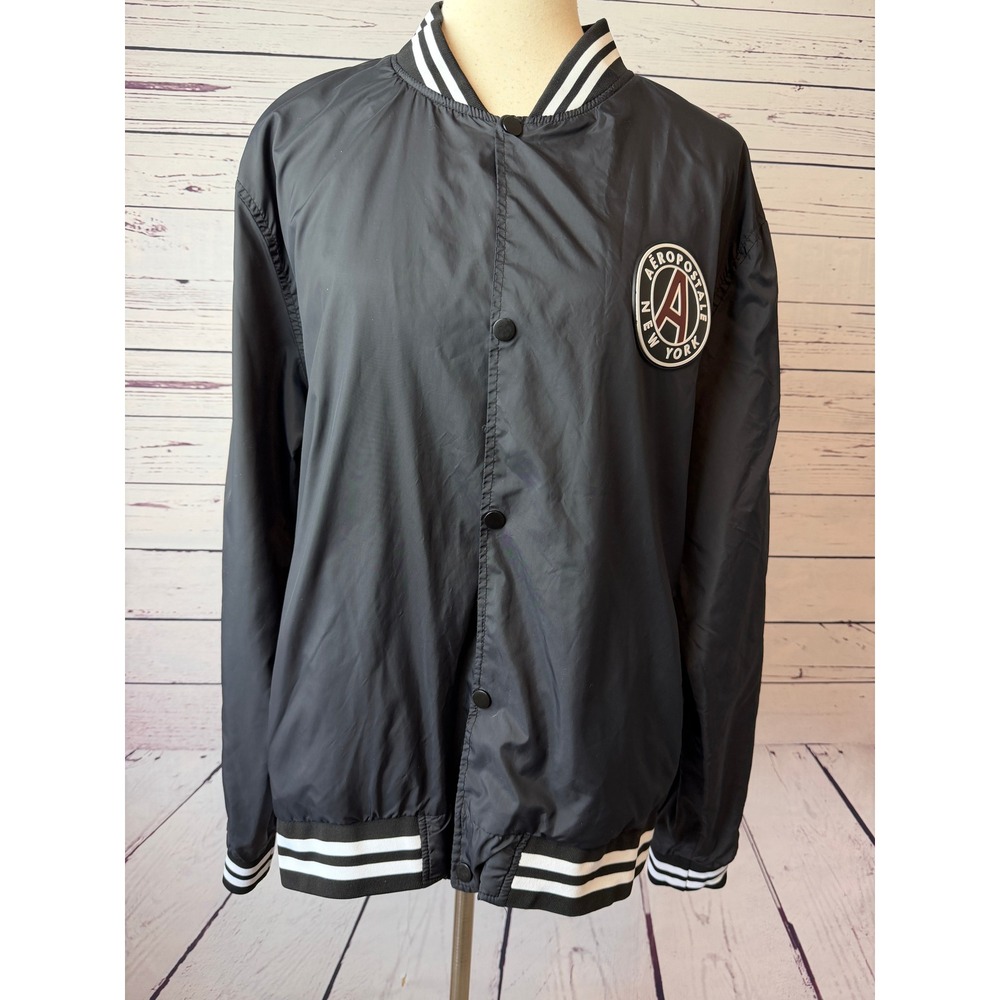 Aeropostale Bomber Jacket Mens Large Black Snap Windbreaker Y2K 90s Varsity